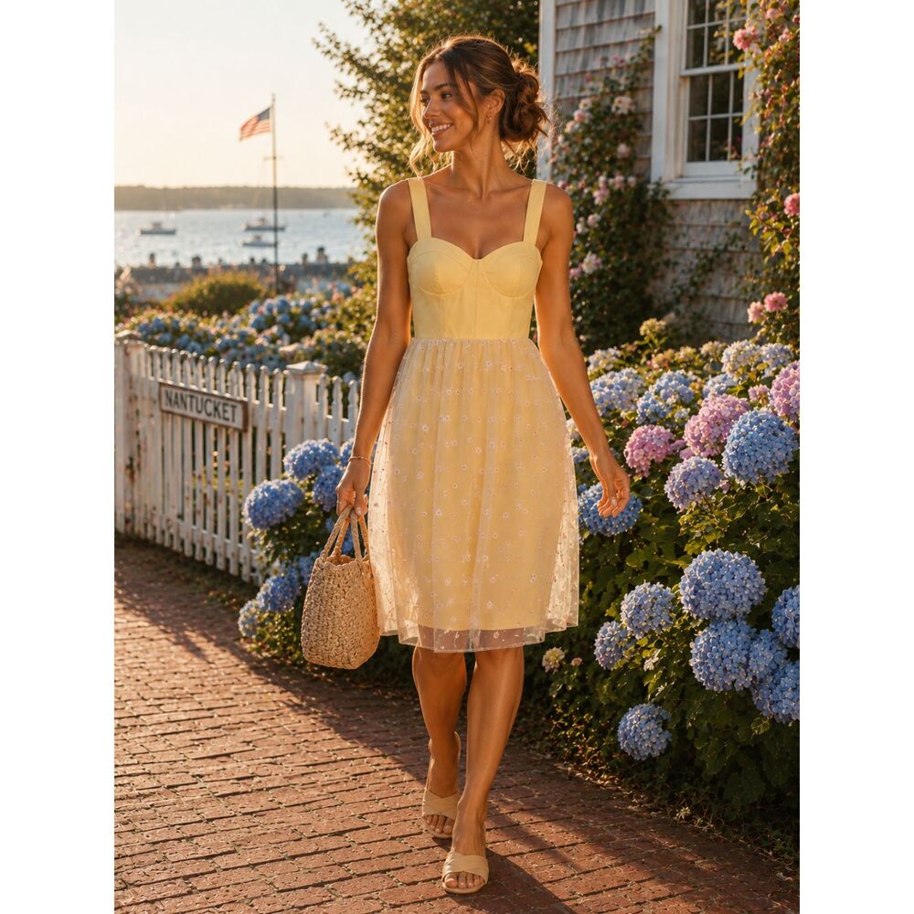 Buttercup Yellow Embroidered Daisy Tulle Midi Dress Krystal Everdeen NWT Small